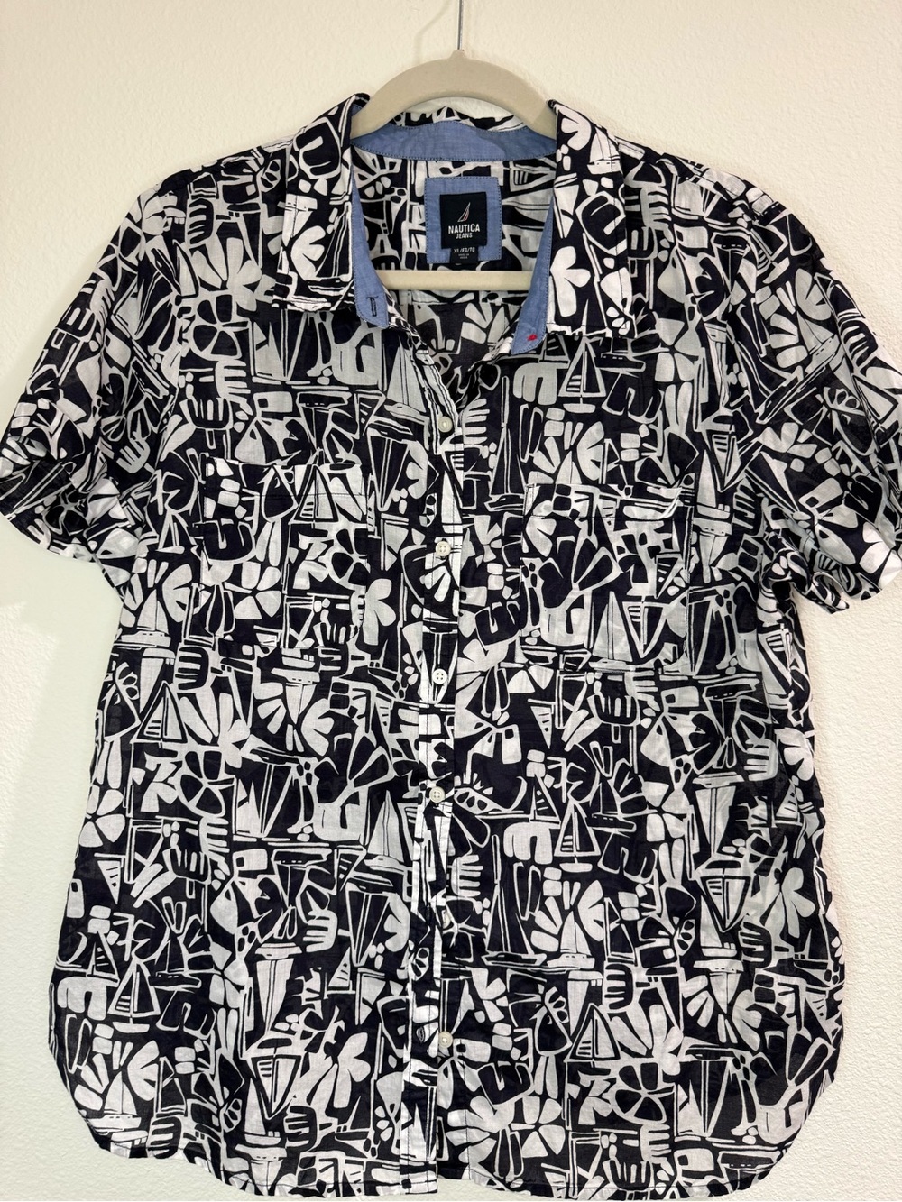 Nautica Black & White Printed Women Button-Down Shirt with Blue Trim